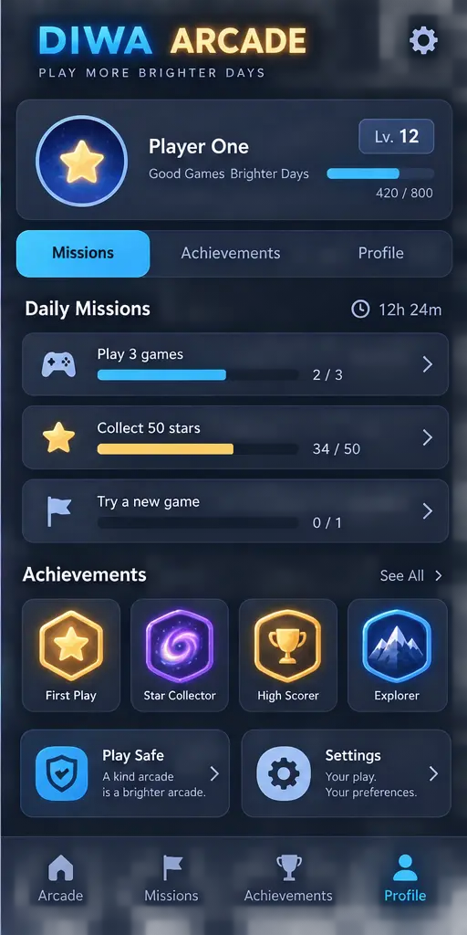 Diwa Arcade Profile and settings screen