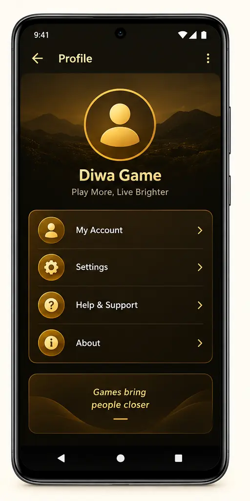 Diwa Game Profile and settings screen
