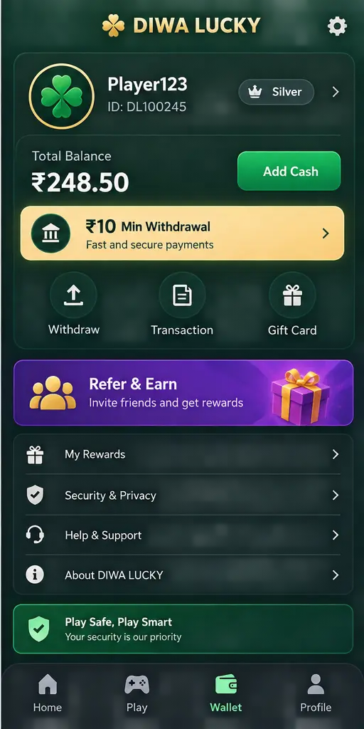 Diwa Lucky Profile and settings screen