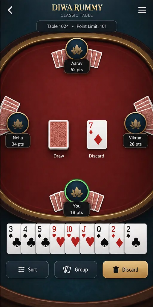 Diwa Rummy Game navigation screen