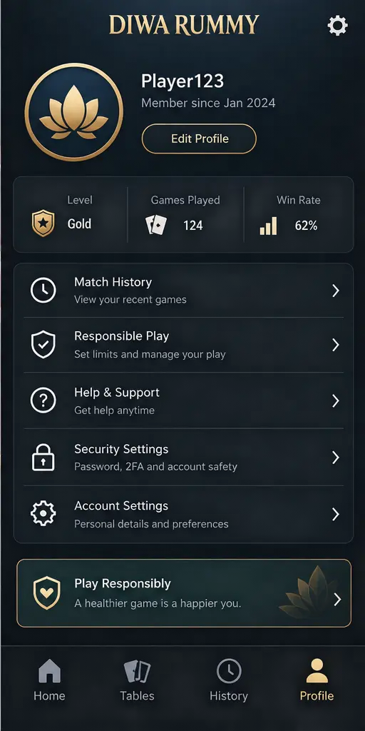Diwa Rummy Profile and settings screen