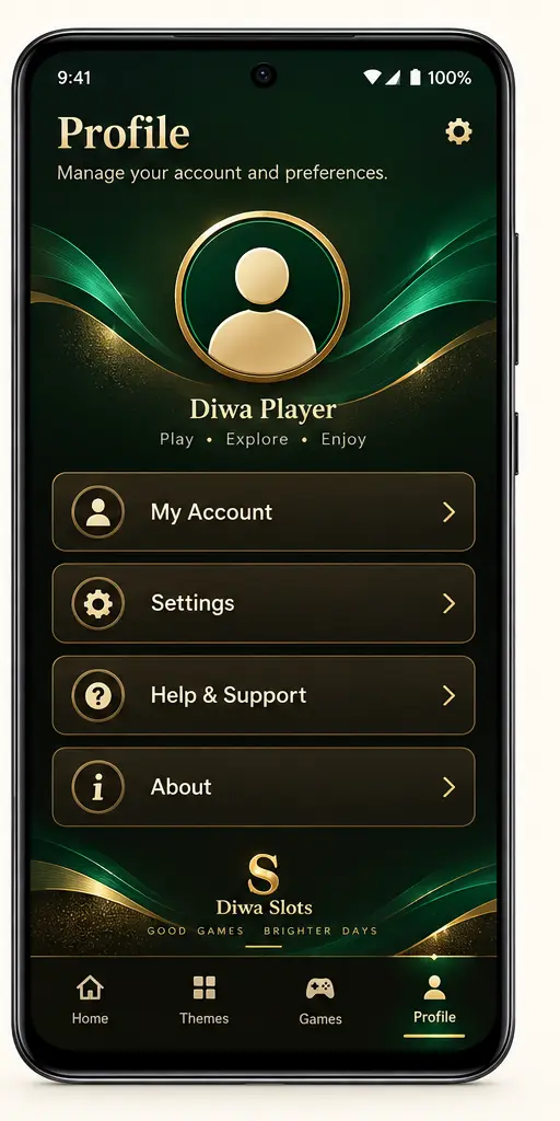 Diwa Slots Profile and settings screen
