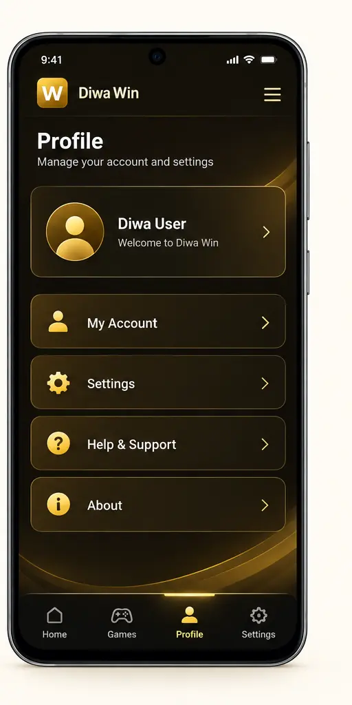 Diwa Win Profile and settings screen