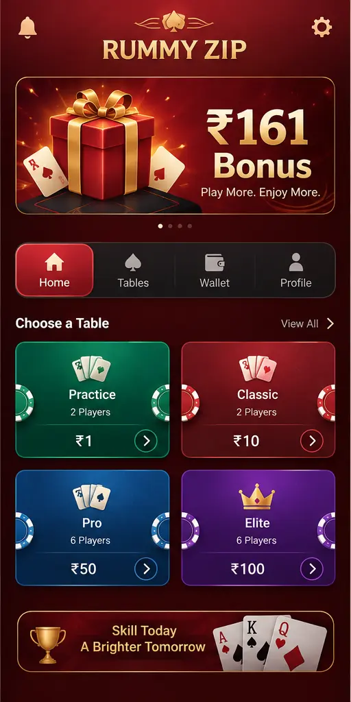 Rummy Zip Home screen