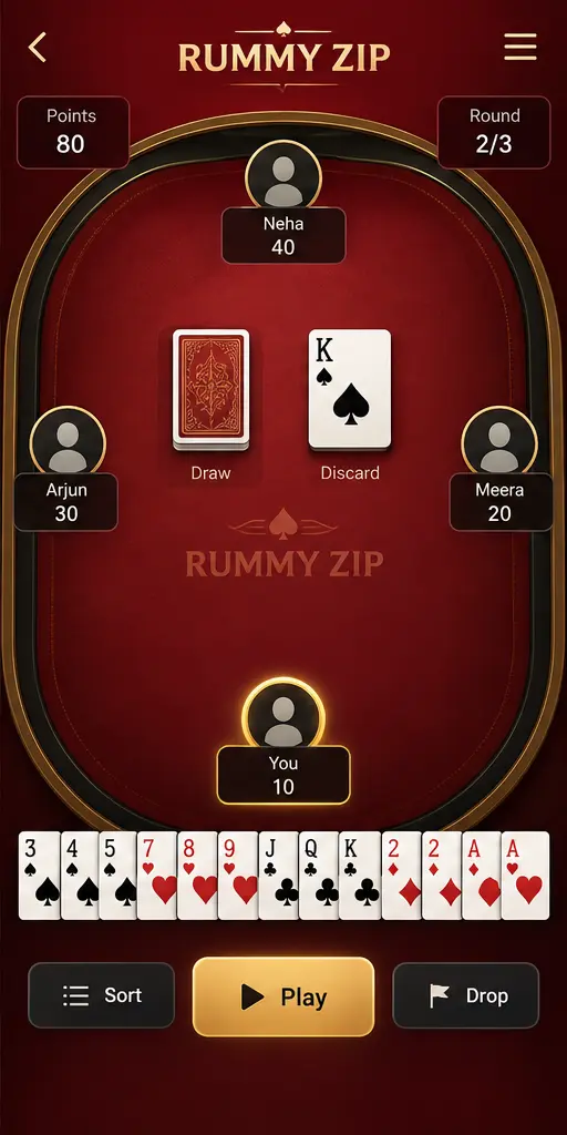 Rummy Zip Game navigation screen