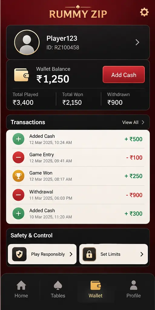 Rummy Zip Profile and settings screen